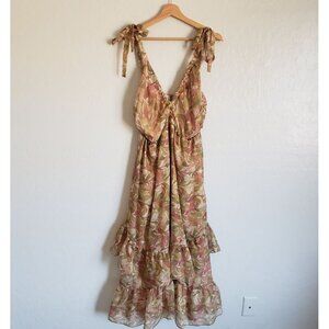 Storia Tiered Ruffled Midi Dress Warm Leaves Print Womens Large Fall Wedding NEW